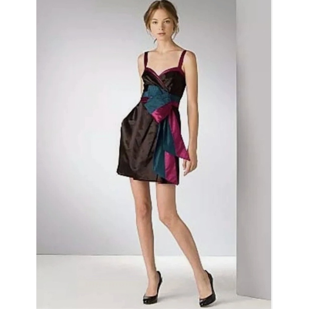 Marc by Marc Jacobs Silk Blend Colorblock Bow Mini Cocktail Dress Brown Pink 2‎